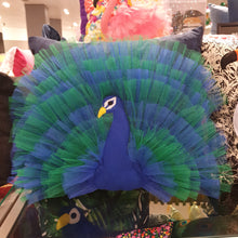 Load image into Gallery viewer, Hazeldee Home Handmade peacock bird illustration character cushion with 3D feather effect trim.       A great conversational peacock cushion for kids and grown ups alike!  Bring some fun and colour into your space with this handmade cushion with a peacock cushion with a plume of blue and green feather-like trim with a navy fabric base!  Hazeldee Home design.  Approximately 16&quot; x 16&quot; (40cm x 40cm) with a centre back zip. Comes with a polycotton cushion inner.
