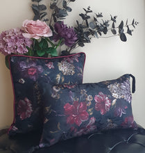 Load image into Gallery viewer, Hazeldee Home handmade double-sided cushion with a decadent silky black winter floral jacquard on one side and rich Italian velvet in burgundy on the reverse, edged with a contrasting burgundy satin.   Approximately 16&quot; x 16&quot; (40cm x 40cm) square with a concealed zip. 
