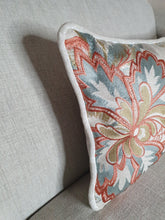 Load image into Gallery viewer, A Hazeldee Home one-of-a-kind Limited Edition Handmade double-sided cushion using Colefax and Fowler Sumela embroidered fabric on one side and Linwood velvet on the reverse.  Colefax and Flowler Sumela heavily embroidered Fabric follows an organic theme with a contemporary twist on a foliage design. The bold yet muted colourings reflect the informal nature of this embroidery design.  65% linen, 35% viscose on one side 100% cotton velvet on the reverse.
