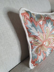 A Hazeldee Home one-of-a-kind Limited Edition Handmade double-sided cushion using Colefax and Fowler Sumela embroidered fabric on one side and Linwood velvet on the reverse.  Colefax and Flowler Sumela heavily embroidered Fabric follows an organic theme with a contemporary twist on a foliage design. The bold yet muted colourings reflect the informal nature of this embroidery design.  65% linen, 35% viscose on one side 100% cotton velvet on the reverse.
