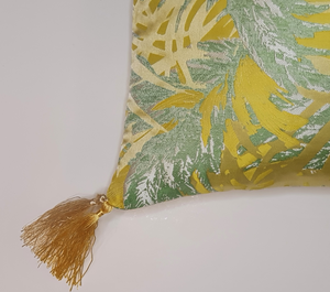 Hazeldee Home Handmade palm jacquard cushion with contrast silky double tassels.  This striking yellow and green silky palm jacquard design is fresh and vibrant and a great colour vehicle paired with Hazeldee Home's signature double tassels that add movement and individuality.  Approximately 12" x 20" (30cm x 50cm) with a concealed zip