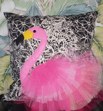 Load image into Gallery viewer, Handmade flamingo bird illustration character cushion with 3D feather effect trim.     A great conversational flamingo cushion for kids and grown ups alike!  Bring some fun and colour into your space with this handmade cushion with a pink flamingo cushion with plume of pink feather-like trim with a twill fabric floral monochrome base!  A one-of-a-kind Hazeldee Home design.  Approximately 16&quot; x 16&quot; (40cm x 40cm) with a centre back zip. Comes with a polycotton cushion inner.
