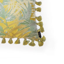 Load image into Gallery viewer, Hazeldee Home Handmade palm jacquard cushion with contrast tassel trim.  This striking yellow and green silky palm jacquard design is fresh and vibrant and a great colour vehicle paired with a fun tassel trim that adds movement and individuality.  Approximately 16&quot; x 16&quot; (40cm x 40cm) square with a concealed zip.  Do not wash, Dry Clean Only.  Matching items available
