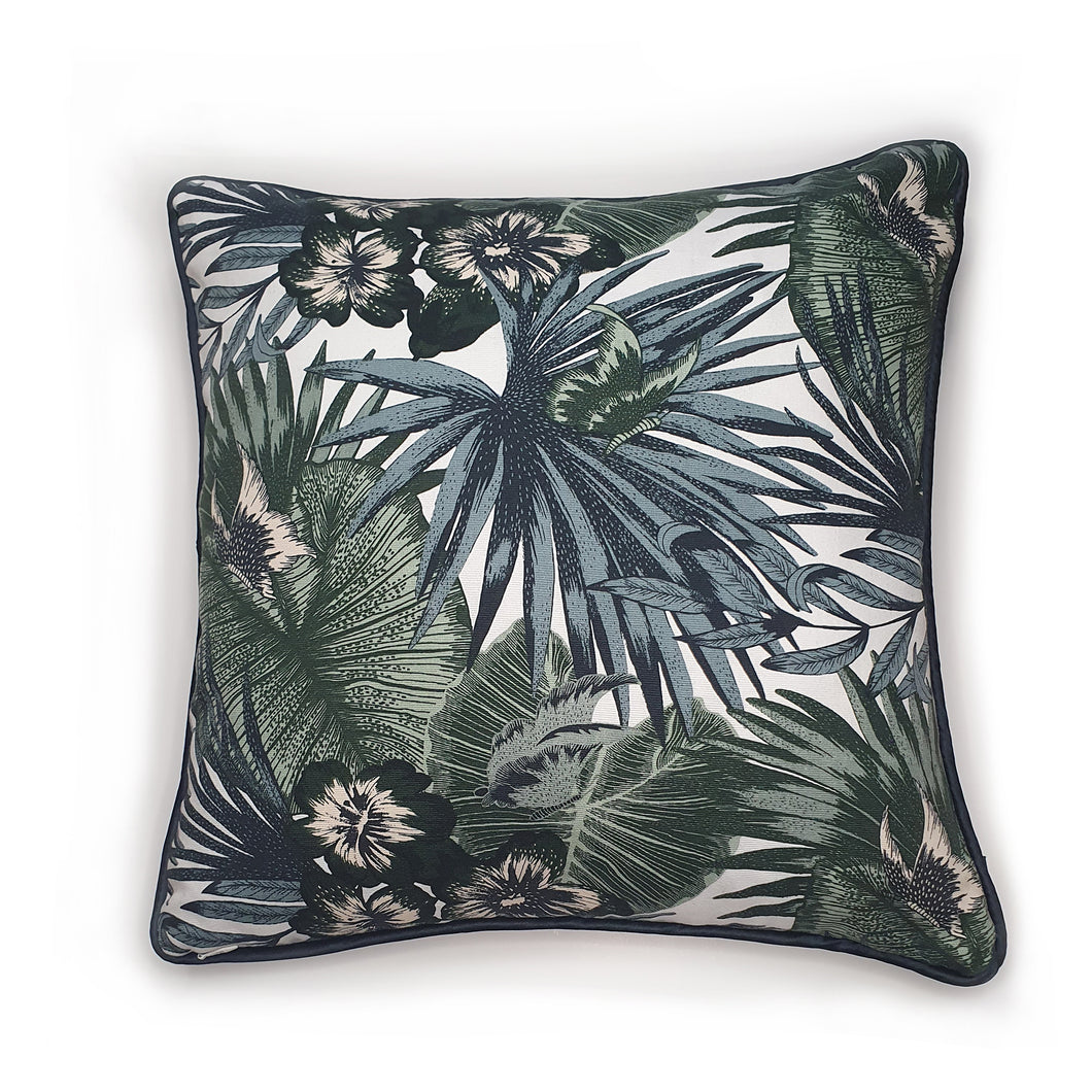 Hazeldee Home handmade double-sided cushion with cotton cream and green leaf print one side and fine Italian velvet forest green on the reverse, edged with a contrasting navy satin.   Approximately 16