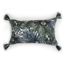 Load image into Gallery viewer, Hazeldee Home handmade cream and green botanical leaf print cotton cushion with contrast Hazeldee Home&#39;s trademark silky double tassels detailing.  Approximately 12&quot; x 20&quot; (30cm x 50cm) with a concealed zip.   Comes with a polycotton cushion inner.  Do not wash, Dry Clean Only.  Matching items available.
