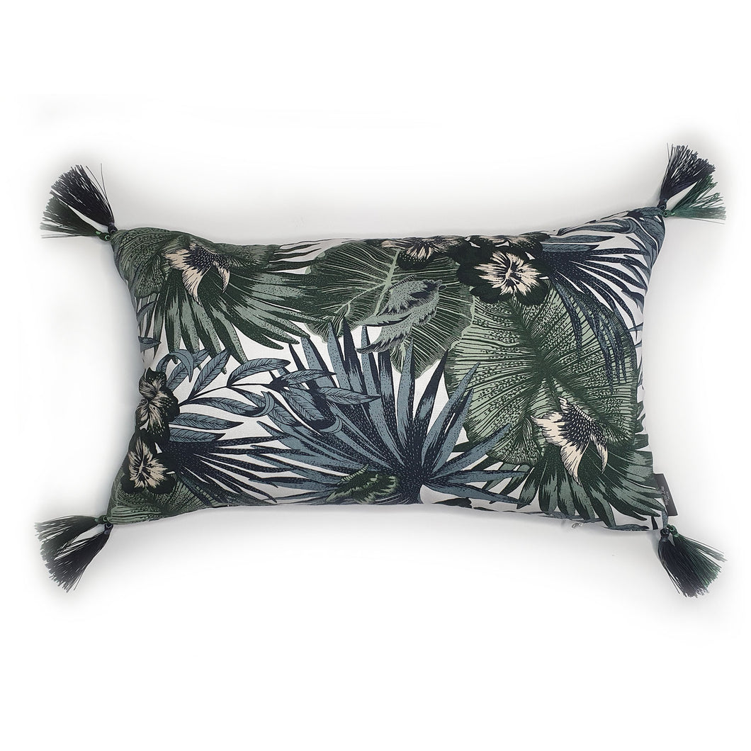 Hazeldee Home handmade cream and green botanical leaf print cotton cushion with contrast Hazeldee Home's trademark silky double tassels detailing.  Approximately 12