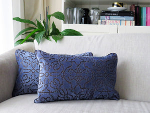 lilac velvet cushion with a textured pattern.  A Hazeldee Home Limited Edition Handmade textured lilac velvet cushion with silky grey embroidered filigree pattern and satin grey piping.    Approximately 12" x 20" (30cm x 50cm) with a concealed zip.   Comes with a polycotton lined cushion inner.  Very Peri cushion very peri homeware