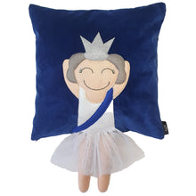 Load image into Gallery viewer, Handmade Limited Edition Jubilee Queen Cushion to celebrate Queen Elizabeth&#39;s amazing 70th Year in reign! The Queen Munchkin Cushion Features a Queen character complete with crown and a sash and legs that extend from the body of the cushion.  The base is royal blue cotton velvet.   Approximately 16&quot; x 16&quot; (40cm x 40cm) with a concealed zip. Comes with a polycotton cushion inner.   Each Hazeldee Home Munchkin Character Cushion comes with a numbered Certificate of Authenticity.
