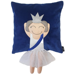 Handmade Limited Edition Jubilee Queen Cushion to celebrate Queen Elizabeth's amazing 70th Year in reign! The Queen Munchkin Cushion Features a Queen character complete with crown and a sash and legs that extend from the body of the cushion.  The base is royal blue cotton velvet.   Approximately 16" x 16" (40cm x 40cm) with a concealed zip. Comes with a polycotton cushion inner.   Each Hazeldee Home Munchkin Character Cushion comes with a numbered Certificate of Authenticity.