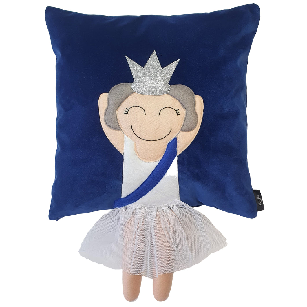 Handmade Limited Edition Jubilee Queen Cushion to celebrate Queen Elizabeth's amazing 70th Year in reign! The Queen Munchkin Cushion Features a Queen character complete with crown and a sash and legs that extend from the body of the cushion.  The base is royal blue cotton velvet.   Approximately 16