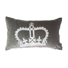 Load image into Gallery viewer, Handmade Limited Edition Jubilee Crown Cushion to celebrate Queen Elizabeth II&#39;s amazing 70 years in reign!  The Jubilee Crown Cushion features a metallic silver glitter crown on a grey cotton Italian velvet rectangle cushion.  Approximately 12&quot; x 20&quot; (30cm x 50cm) with a concealed zip.   Comes with a polycotton cushion inner.
