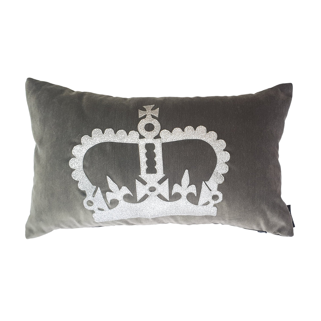 Handmade Limited Edition Jubilee Crown Cushion to celebrate Queen Elizabeth II's amazing 70 years in reign!  The Jubilee Crown Cushion features a metallic silver glitter crown on a grey cotton Italian velvet rectangle cushion.  Approximately 12