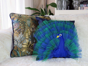Peacock Cushion with Feather Trim