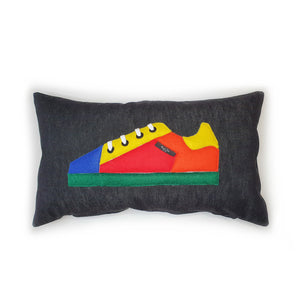 Hazeldee Home Handmade bold colour-block trainer cushion, rectangular bolster shape with real laces trim on a black denim base.  A great conversational trainer cushion for kids and grown ups alike!  Bring some fun and colour into your space with this handmade cushion with a trainer with laces detail!  colour-block sneaker trainer cushion with Hazeldee Home label detail.  Approximately 12" x 20" (30cm x 50cm) with a zip opening.   Comes with a polycotton cushion inner.