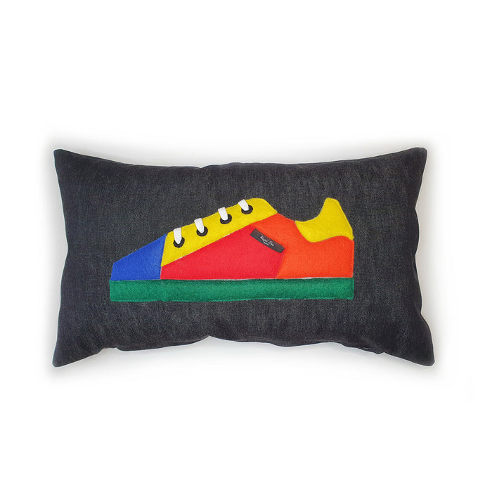 Hazeldee Home Handmade bold colour-block trainer cushion, rectangular bolster shape with real laces trim on a black denim base.  A great conversational trainer cushion for kids and grown ups alike!  Bring some fun and colour into your space with this handmade cushion with a trainer with laces detail!  colour-block sneaker trainer cushion with Hazeldee Home label detail.  Approximately 12