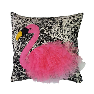 Handmade flamingo cushion with 3D feather effect trim.     A great conversational flamingo cushion for kids and grown ups alike!  Bring some fun and colour into your space with this handmade cushion with a pink flamingo cushion with plume of pink feather-like trim with a twill fabric floral monochrome base!  A one-of-a-kind Hazeldee Home design.  Approximately 16" x 16" (40cm x 40cm) with a centre back zip. Comes with a polycotton cushion inner.