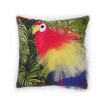 Load image into Gallery viewer, Handmade Parrot bird illustration character cushion with 3D feather effect trim.      A great conversational parrot cushion for kids and grown ups alike!  Bring some fun and colour into your space with this handmade cushion with a bold red parrot cushion with plume of red, yellow and blue feather-like trim with a tropical leaf fabric base!  A one-of-a-kind Hazeldee Home design.  Approximately 16&quot; x 16&quot; (40cm x 40cm) with a centre back zip. Comes with a polycotton cushion inner.
