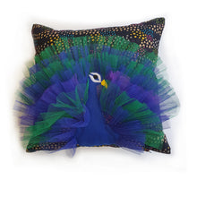 Load image into Gallery viewer, Hazeldee Home Handmade peacock bird illustration character cushion with 3D feather effect trim.       A great conversational peacock cushion for kids and grown ups alike!  Bring some fun and colour into your space with this handmade cushion with a peacock cushion with a plume of blue and green feather-like trim with a navy ditsy floral fabric base!
