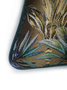 Handmade double-sided cushion featuring an intricate jacquard pattern with peacocks, botanical greens at the front and a contrasting plain green Italian velvet on the reverse, piped with the same green velvet.   Approximately 18" x 18" (45cm x 45cm) square with a concealed zip.  Comes with a polycotton lined cushion inner.  Do not wash, Dry Clean Only.