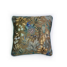 Load image into Gallery viewer, Handmade double-sided cushion featuring an intricate jacquard pattern with peacocks, botanical greens at the front and a contrasting plain green Italian velvet on the reverse, piped with the same green velvet.   Approximately 18&quot; x 18&quot; (45cm x 45cm) square with a concealed zip.  Comes with a polycotton lined cushion inner.  Do not wash, Dry Clean Only.
