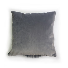 Load image into Gallery viewer, Hazeldee Home Handmade black swan cushion with 3D feather effect trim on a sumptuous Italian grey velvet base that adds a sophisticated edge. A great conversational swan cushion for kids and grown ups alike! Bring some fun and colour into your space with this handmade cushion with a black swan cushion with plume of black feather-like trim with a grey Italian velvet base!  A Hazeldee Home design.  Approximately 16&quot; x 16&quot; (40cm x 40cm) with a concealed zip.   Comes with a polycotton cushion inner.
