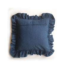 Load image into Gallery viewer, Get frills a plenty with this washed mid-blue denim ruffle cushion by Hazeldee Home! These gorgeous feminine frill cushions add a touch of softness and romance. Considered as a feature cushion if you have a simplistic style in your home or as an accent semi-plain cushion of you are a maximalist. They make a lovely addition to a sofa, chair or bedroom.  The ruffles add fun, romance, drama and add that extra touch of glamour!    Approximately 16&quot; x 16&quot; (40cm x 40cm) excluding the ruffle trim with a back zip.
