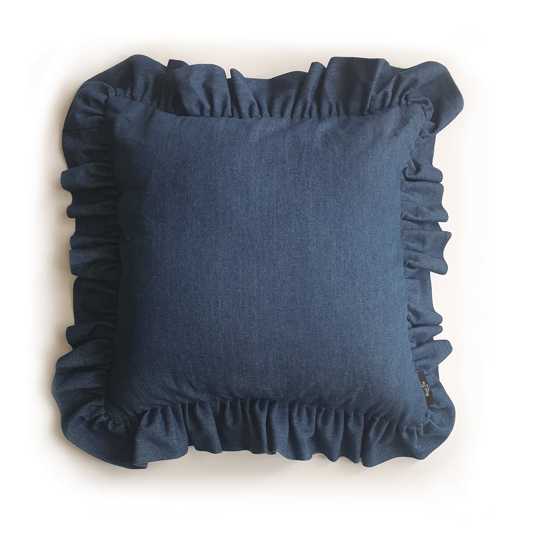Get frills a plenty with this washed mid-blue denim ruffle cushion by Hazeldee Home! These gorgeous feminine frill cushions add a touch of softness and romance. Considered as a feature cushion if you have a simplistic style in your home or as an accent semi-plain cushion of you are a maximalist. They make a lovely addition to a sofa, armchair or bedroom. The ruffles add fun, romance, drama and add that extra touch of glamour! Approximately 16