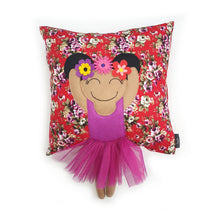 Load image into Gallery viewer, Frida Kahlo cushion inspired by artist Frida Kahlo with trim and legs that extend from the body of the cushion.    Designed and handmade by Hazeldee Home, these cushions are a bundle of fun! Each Cushion is one-of-a-kind with bright backgrounds, different skin tones and hairstyles with flowers to match!   Frida Kahlo was a Mexican painter known for self-portraits and use of bright colour.   Approximately 16&quot; x 16&quot; (40cm x 40cm) with a centre back zip. Comes with a polycotton cushion inner.

