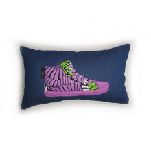 Load image into Gallery viewer, Handmade hi-top trainer cushion, rectangular bolster shape with real laces trim on a blue denim base.  A great conversational trainer cushion for kids and grown ups alike!  Bring some fun and colour into your space with this handmade cushion with a hi-top trainer with laces detail!  Bold purple and green floral print hi-top sneaker trainer cushion with tonal detail
