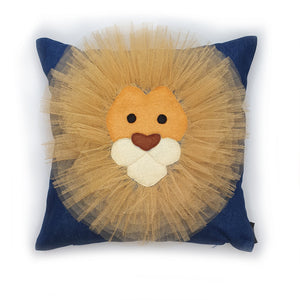 Hazeldee Home Handmade Lion Head illustration character cushion with 3D mane trim.      A great conversational Lion cushion!  Bring some fun and colour into your space with this handmade cushion with a neutral yet striking lion head cushion with 3D mane trim on a mid blue washed denim fabric base!  A one-of-a-kind Hazeldee Home design.  Approximately 16" x 16" (40cm x 40cm) with a zip at the base.