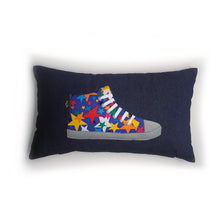 Load image into Gallery viewer, Blue star print hi-top sneaker trainer cushion. Colourful scattered stars on a bright blue base injects bold colour and fun into this cushion!
