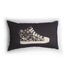 Load image into Gallery viewer, Handmade hi-top trainer cushion, rectangular bolster shape with real laces trim on a black denim base.  A great conversational trainer cushion for kids and grown ups alike!  Bring some fun and colour into your space with this handmade cushion with a hi-top trainer with laces detail!  Black and cream monochrome floral print hi-top sneaker trainer cushion with cream laces and contrast detail.

