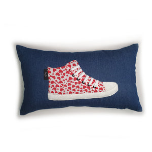 Hazeldee Home red and white heart print hi-top cushion is fun, flirty and a great way to introduce colour to a room.  Its denim base gives a nice subtlety to the design.