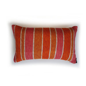 Hazeldee Home One-of-a-kind Limited Edition Handmade bold stripe lumbar cushion using heavy woven fabric with pink, off-white and orange stripe detailing.          Approximately 12" x 20" (30cm x 50cm) with a concealed zip.  Comes with a polycotton lined cushion inner.  Do not wash, Dry Clean Only.