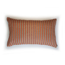Load image into Gallery viewer, Hazeldee Home handmade multicoloured stripe lumbar cushion using a beautifully heavy woven fabric with a herringbone detail with a winter white velvet reverse.  A multicoloured stripe on the front The weave effect gives the effect of a hand-stitched herringbone tapestry. An off-white textured Italian cotton velvet on the reverse.  This cushion has a wonderfully homely feel to it. The texture gives dimension and depth and is bold yet neutral due to its neutral undertone.
