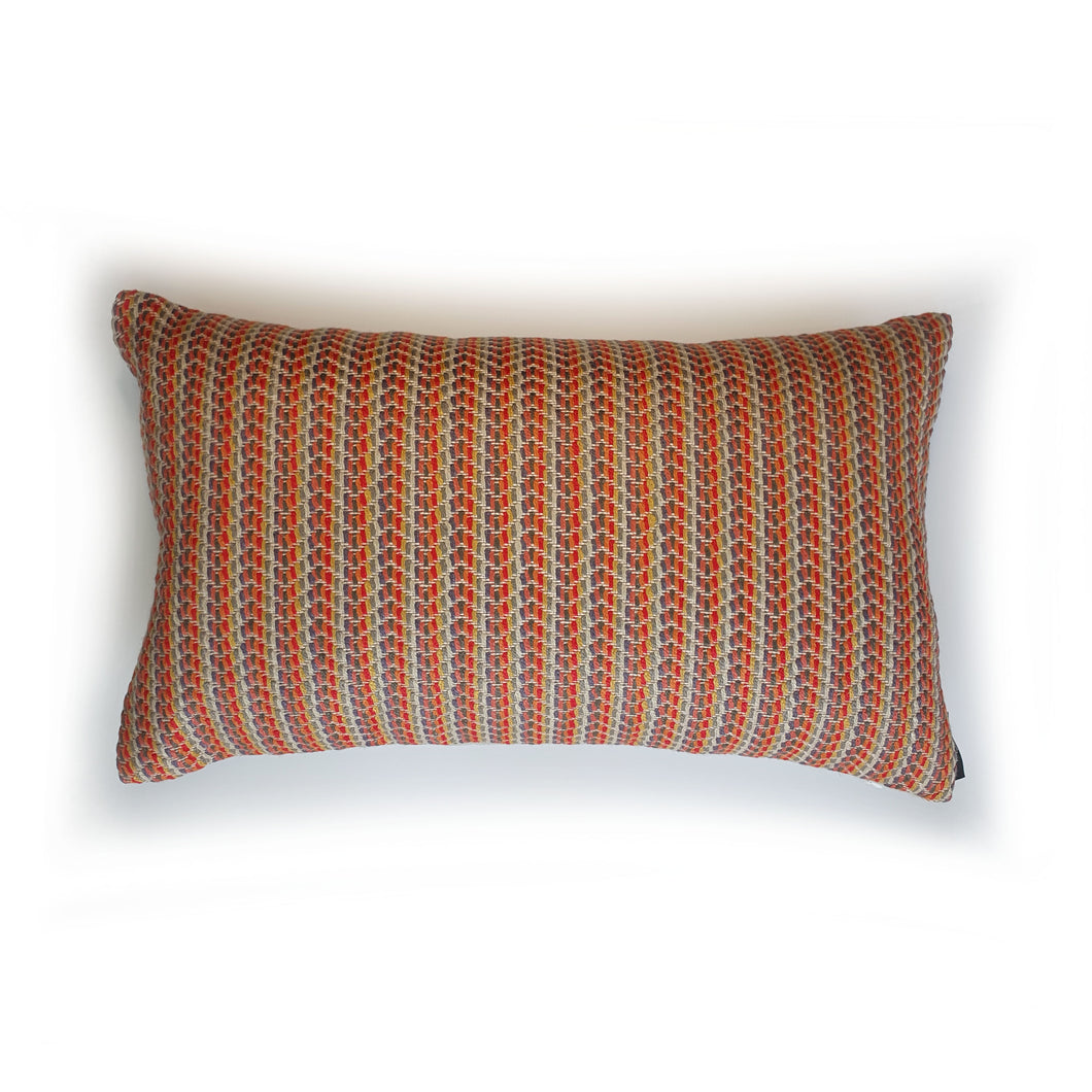 Hazeldee Home handmade multicoloured stripe lumbar cushion using a beautifully heavy woven fabric with a herringbone detail with a winter white velvet reverse.  A multicoloured stripe on the front The weave effect gives the effect of a hand-stitched herringbone tapestry. An off-white textured Italian cotton velvet on the reverse.  This cushion has a wonderfully homely feel to it. The texture gives dimension and depth and is bold yet neutral due to its neutral undertone.
