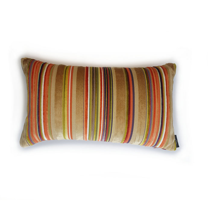 Hazeldee Home Handmade multi stripe lumbar rectangle cushion using a luxurious stripe velvet design for the front with oatmeal, rust, cream, cardamom and hints of lilac and purple. The reverse features an Italian velvet fabric in a rich sumptuous rust colour.  Together these colours beautifully depict colours of Marrakesh and add bold colour to any room.  Approximately 12