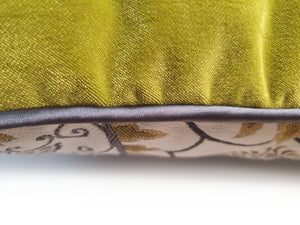 Hazeldee Home Limited Edition Handmade double-sided cushion using a bold yet neutral oversized paisley design fabric on a polyester/cotton base on one side and vibrant Italian velvet lime on the reverse, edged with a contrasting satin trim.     This cushion is fully reversible so you essentially get two looks in one!    Approximately 16" x 16" (40cm x 40cm) square with a concealed zip.   Comes with a polycotton lined cushion inner.  Do not wash, Dry Clean Only.   