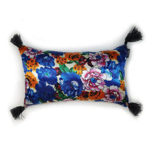 Load image into Gallery viewer, Hazeldee Home Handmade blue floral print cushion with rainbow rhinestone embellished letters spelling &#39;BOUJEE&#39; and finished with bold silky black tassels.   The silky base exudes glamour and adds a level  of decadence to the the cushion.   Bold rainbow rhinestone letters bring out the bold blues, pinks, oranges and greens along.  Perfect for the person who loves a little something &#39;BOUJEE&#39; or &#39;EXTRA&#39; and lives life as such!
