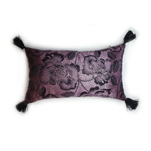 Load image into Gallery viewer, Hazeldee Home Handmade lilac and black floral and leopard jacquard cushion with black rhinestone embellished letters spelling &#39;EXTRA&#39; and finished with bold silky black tassels.   The lilac fabric has a striking black floral and leopard design holds it own against the black rhinestone letters that sit on top.  A great combination.  Perfect for the person who loves a little something &#39;EXTRA&#39; or &#39;BOUJEE&#39; and lives life as such!
