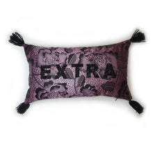 Load image into Gallery viewer, Hazeldee Home Handmade lilac and black floral and leopard jacquard cushion with black rhinestone embellished letters spelling &#39;EXTRA&#39; and finished with bold silky black tassels.   The lilac fabric has a striking black floral and leopard design holds it own against the black rhinestone letters that sit on top.  A great combination.  Perfect for the person who loves a little something &#39;EXTRA&#39; or &#39;BOUJEE&#39; and lives life as such!
