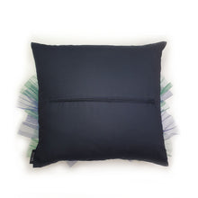 Load image into Gallery viewer, Hazeldee Home Handmade peacock bird illustration character cushion with 3D feather effect trim.       A great conversational peacock cushion for kids and grown ups alike!  Bring some fun and colour into your space with this handmade cushion with a peacock cushion with a plume of blue and green feather-like trim with a navy fabric base!  Hazeldee Home design.  Approximately 16&quot; x 16&quot; (40cm x 40cm) with a centre back zip. Comes with a polycotton cushion inner.
