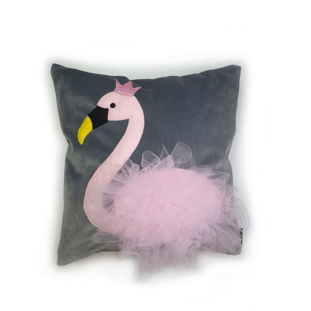 Pink Crown Swan Grey Velvet Cushion