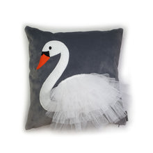 Load image into Gallery viewer, Hazeldee Home Handmade pink crown swan character cushion with 3D feather effect trim on a sumptuous Italian grey velvet base that adds a sophisticated edge.      A great conversational swan cushion for kids and grown ups alike!  Bring some fun and colour into your space with this handmade cushion with a white swan cushion with plume of white feather-like trim with a grey Italian velvet base!  A Hazeldee Home design.  Approximately 16&quot; x 16&quot; (40cm x 40cm) with a concealed zip.
