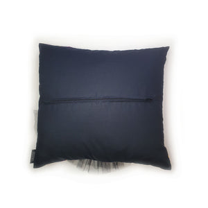 Hazeldee Home Handmade black swan bird illustration character cushion with 3D feather effect trim.     A great conversational black swan cushion for kids and grown ups alike!  Bring some fun and colour into your space with this handmade cushion with a black cushion with plume of black feather-like trim with a ditsy floral base!  Hazeldee Home design.