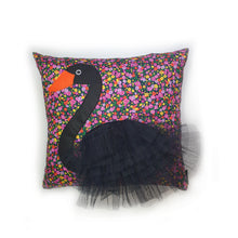 Load image into Gallery viewer, Hazeldee Home Handmade black swan bird illustration character cushion with 3D feather effect trim.     A great conversational black swan cushion for kids and grown ups alike!  Bring some fun and colour into your space with this handmade cushion with a black cushion with plume of black feather-like trim with a ditsy floral base!  Hazeldee Home design.

