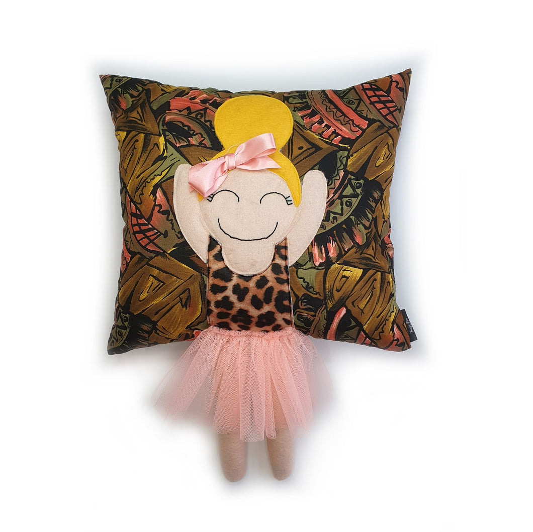 Hazeldee Home Handmade Munchkin cushion with trim skirt and legs that extend from the body of the cushion. Bold Aztec base with leopard body. Approximately 16