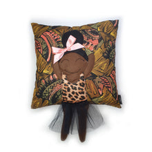 Load image into Gallery viewer, Hazeldee Home Handmade character kid&#39;s cushion with trim and legs that extend from the body of the cushion.   Aztec Base with leopard and black outfit and matching coral bow.     Approximately 16&quot; x 16&quot; (40cm x 40cm) with a centre back zip. Comes with a polycotton cushion inner.  Each Hazeldee Home Munchkin Character Cushion comes with a numbered Certificate of Authenticity.
