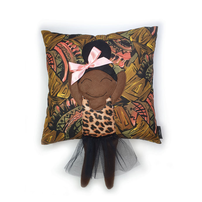 Hazeldee Home Handmade character kid's cushion with trim and legs that extend from the body of the cushion.   Aztec Base with leopard and black outfit and matching coral bow.     Approximately 16