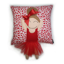 Load image into Gallery viewer, Hazeldee Home Handmade character kid&#39;s cushion with trim and legs that extend from the body of the cushion.    Designed and handmade by Hazeldee Home, these cushions are a bundle of fun! Each Cushion is one-of-a-kind with bright backgrounds, different skin tones and hairstyles with bows to match!  Approximately 16&quot; x 16&quot; (40cm x 40cm) with a centre back zip. Comes with a polycotton cushion inner.  Each Hazeldee Home Munchkin Character Cushion comes with a numbered Certificate of Authenticity. 
